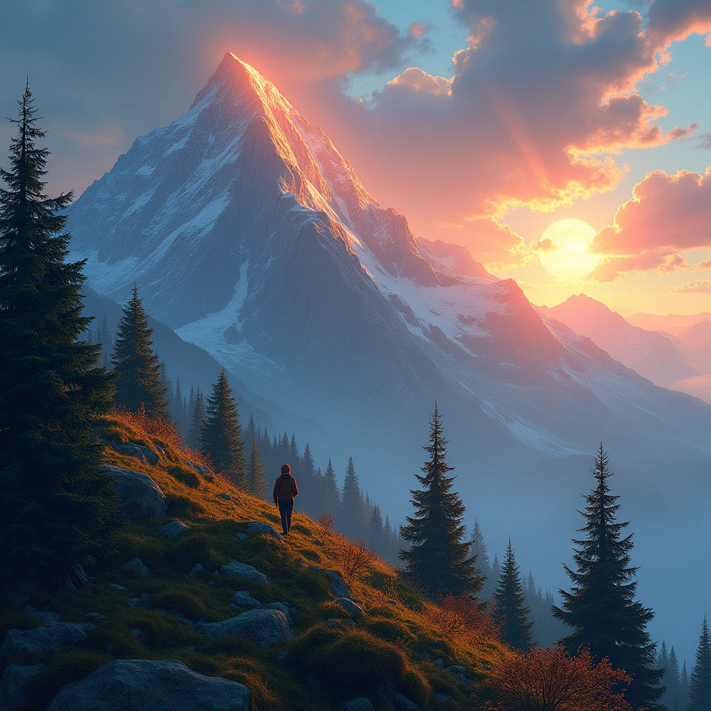 Autumn Mountain Landscape with Climber, Detailed Matte Paint...
