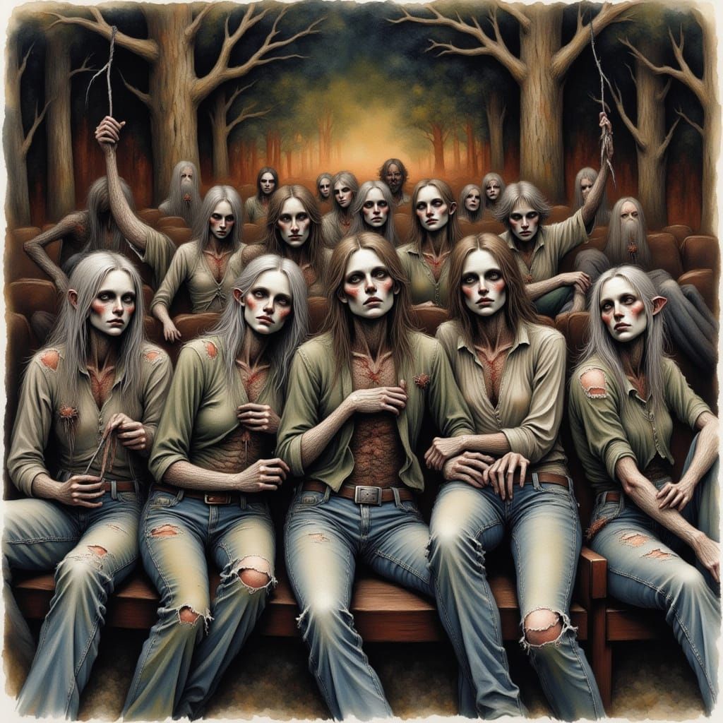 Zombies Enjoying Outdoor Movie Night in Watercolor Style