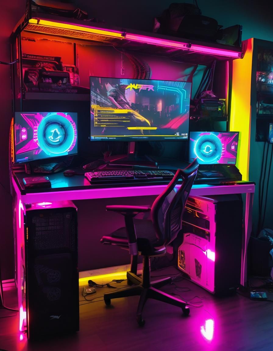 Cyberpunk Gaming PC Setup with RGB Lighting