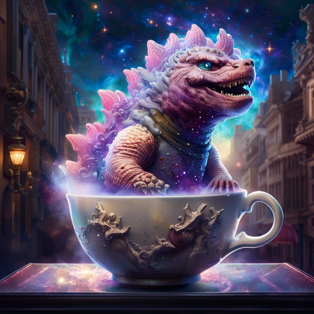 Godzilla in Teacup: Baroque Fantasy Scene
