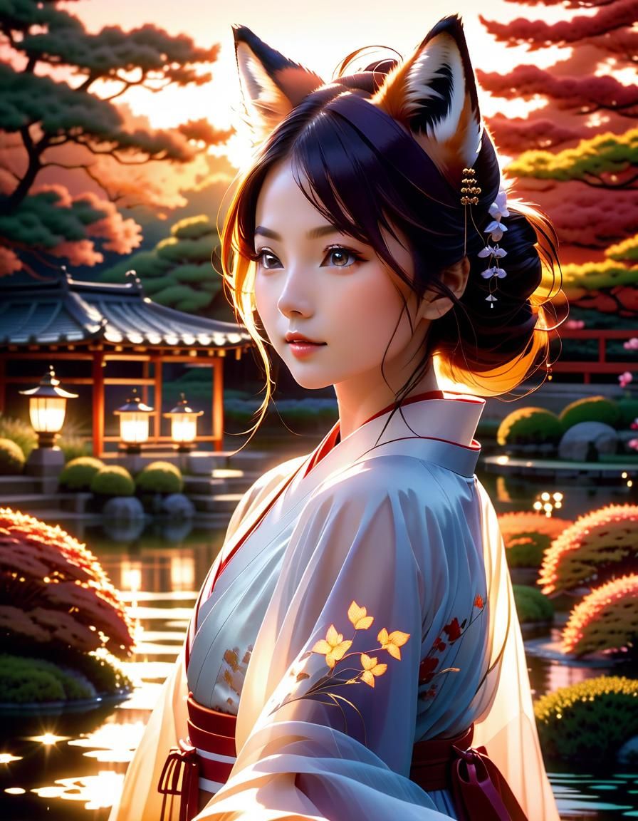 Japanese Fox Woman Dancing in Garden at Dusk