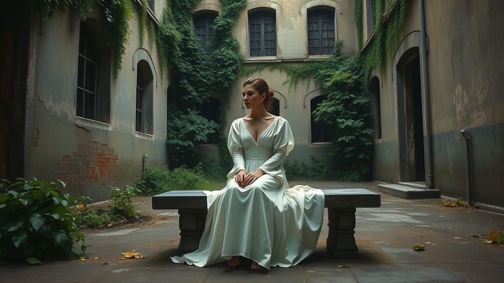 A Woman Lost in Time: Melancholic Asylum Scene in Vibrant, P...