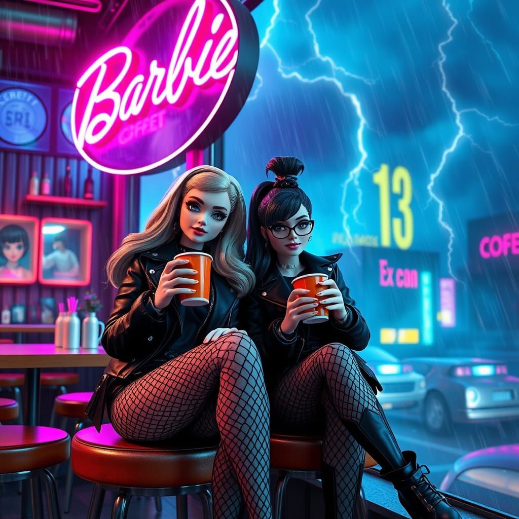 Gothic Barbie and Stacy in Stormy Coffee Shop