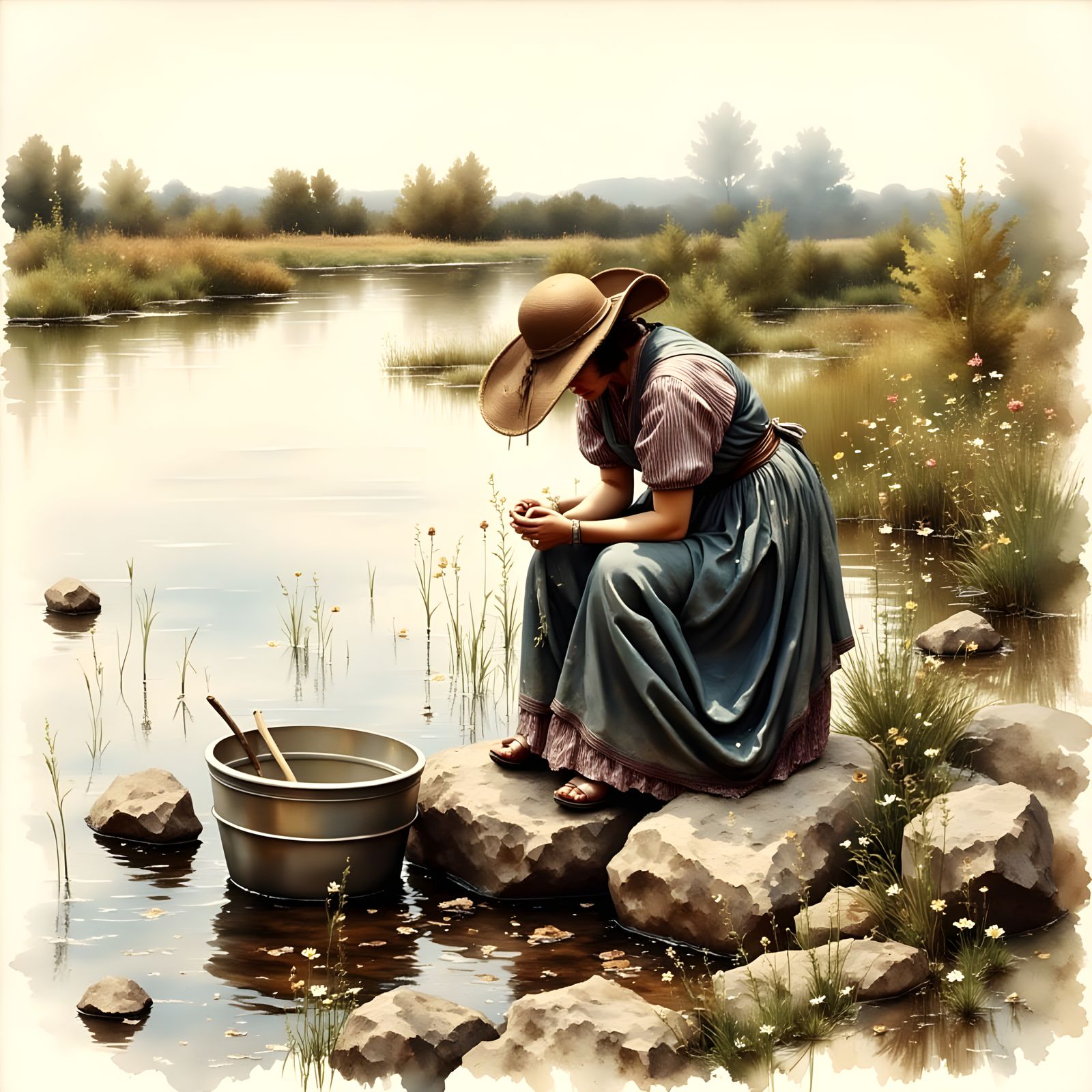 Woman Washing Clothes: 19th Century Impasto Scene