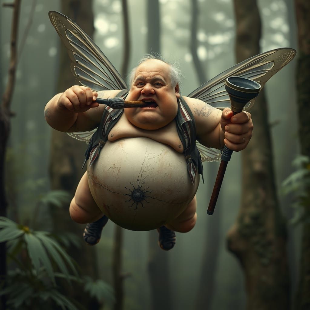 Whimsical Fairy with Plunger in Gritty Photorealistic Style
