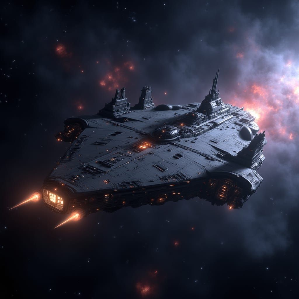 Colossal Spaceship Navigates Vibrant Deep Space