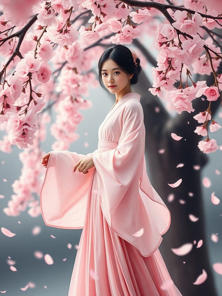 A soft-featured Japanese woman with a serene gaze wearing a delicate floor-length dress made from pink sakura blossoms. ...