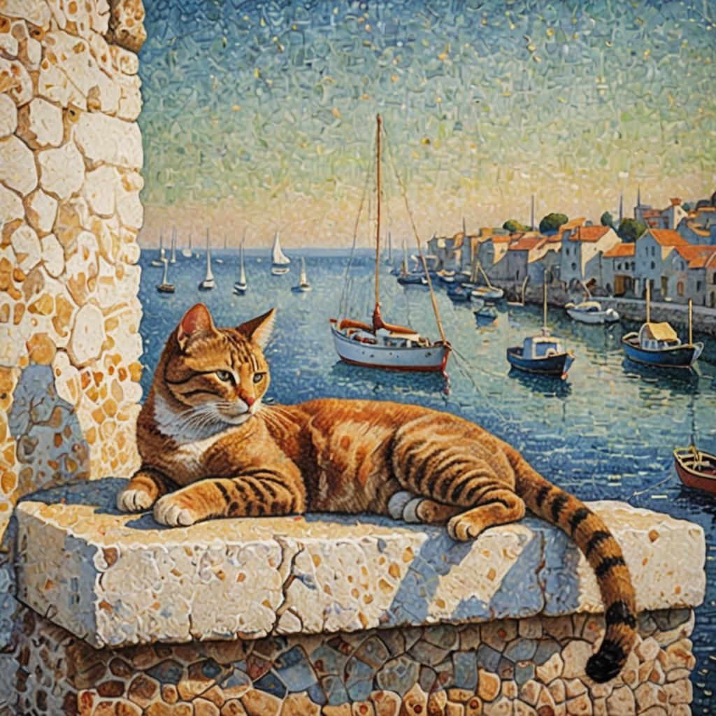 Cat Overlooking Harbour in Pointillism Style