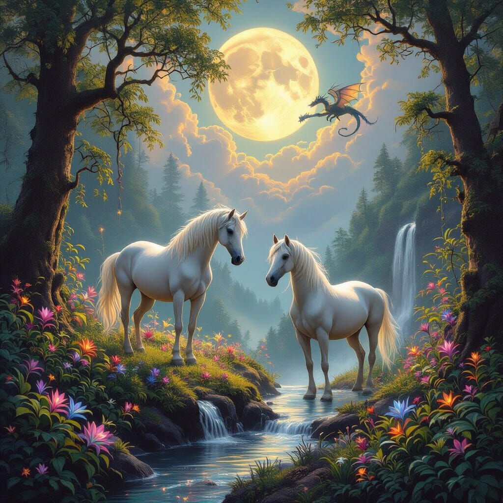 Majestic Horses in Mystical Forest Landscape