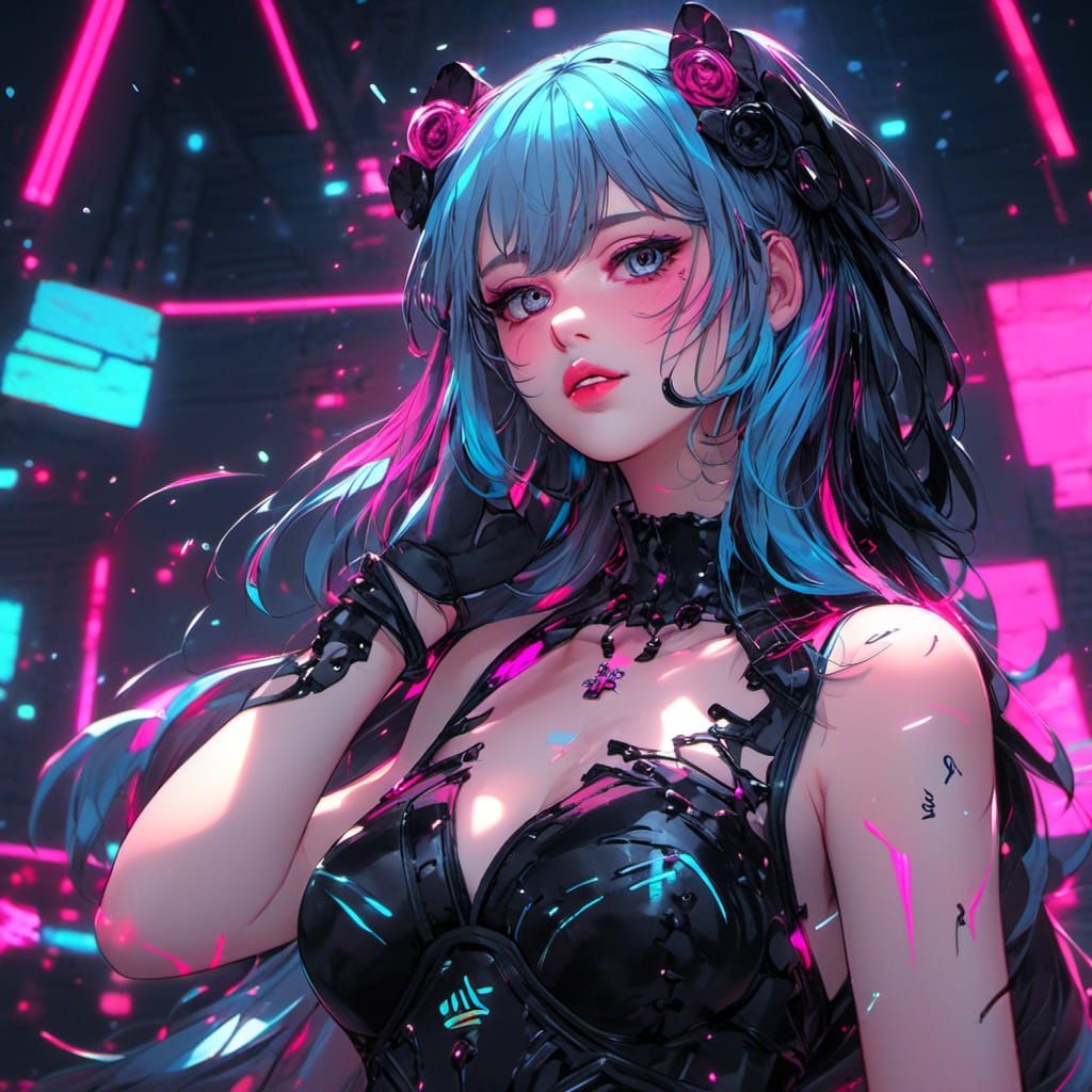 Goth Woman in Synthwave Neon Retro Style
