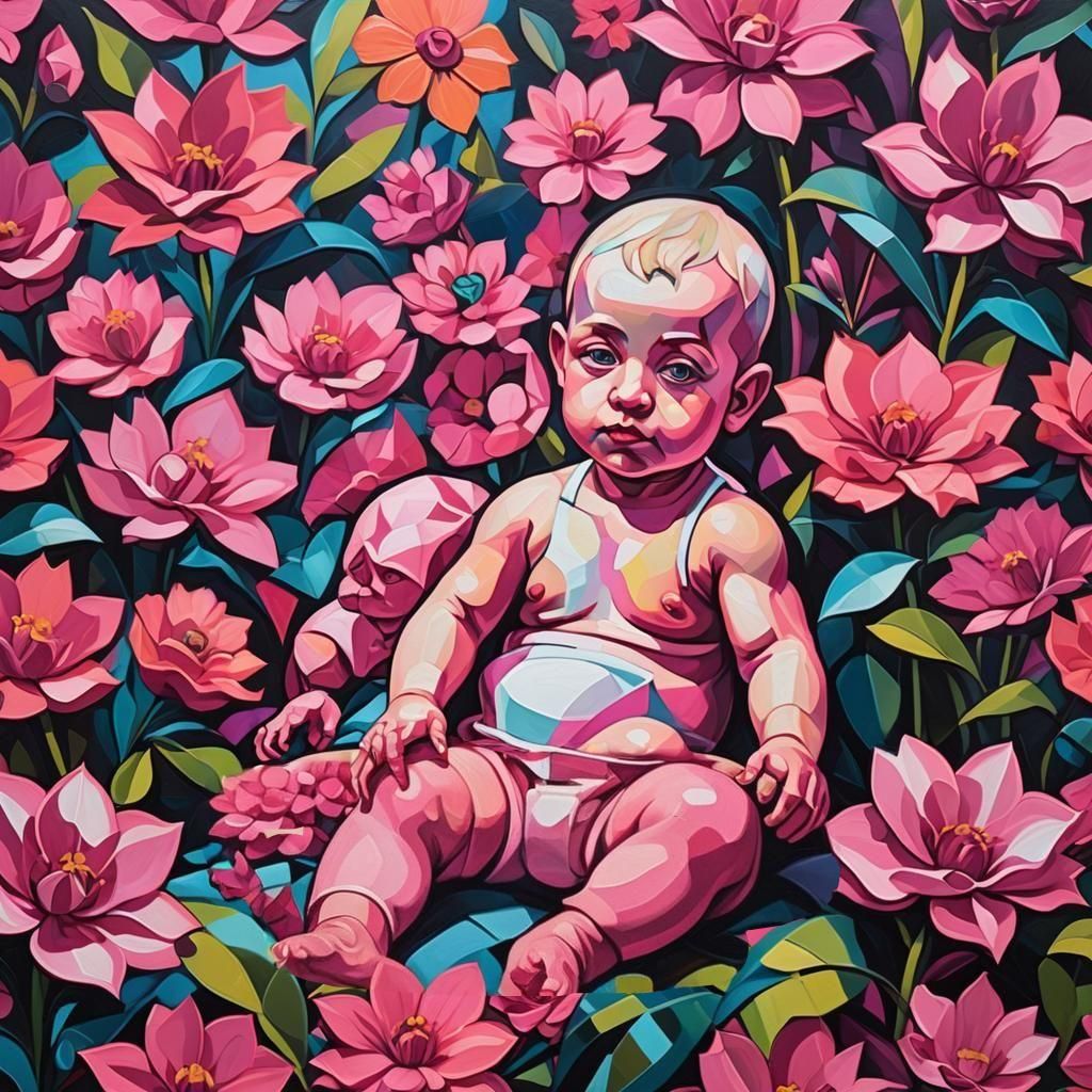 Baby in Neon Flowers: Cubist Art Deco Style