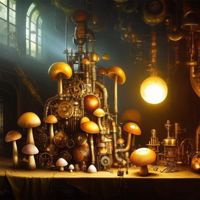 Steampunk Mushroom Machine Still Life in Studio Ghibli Style