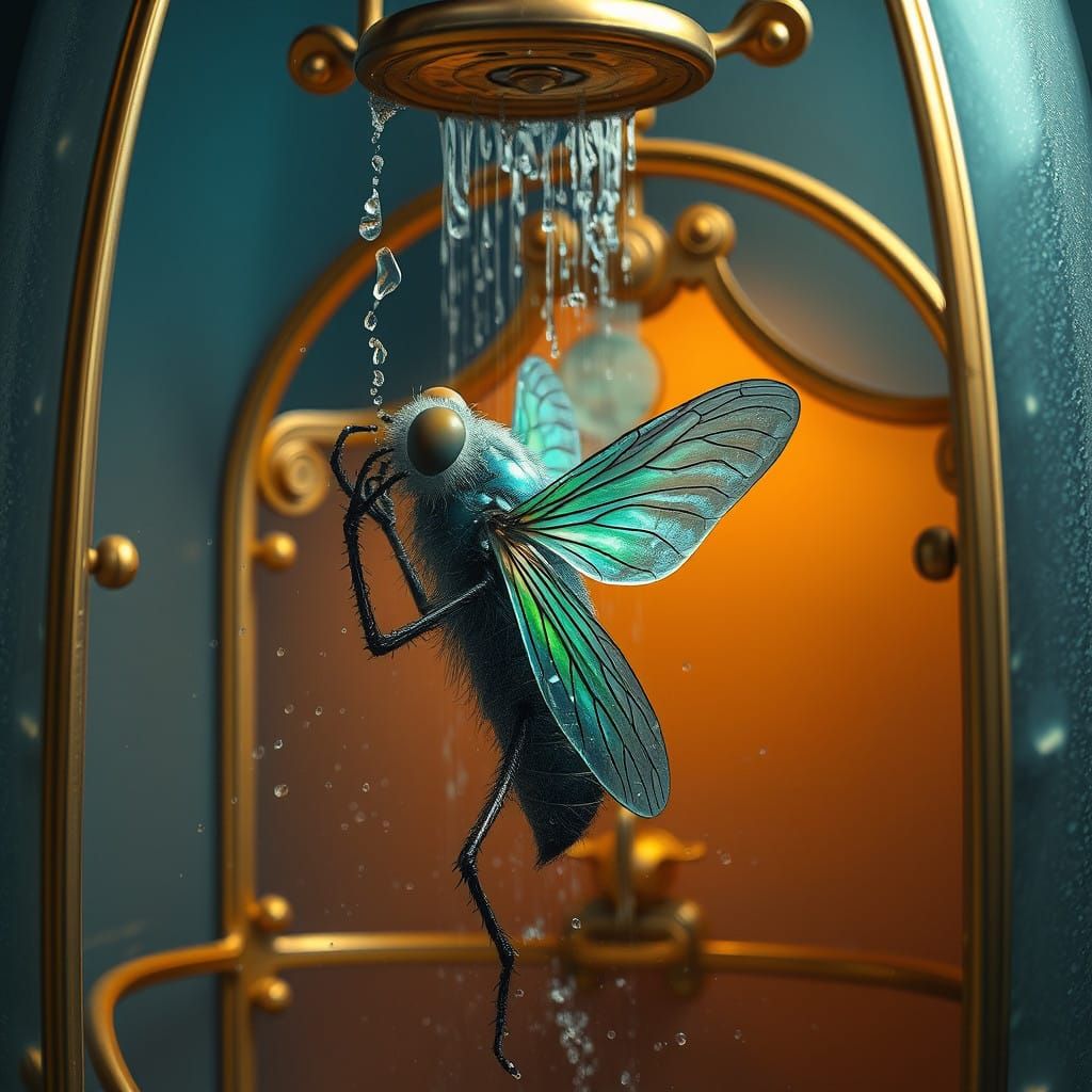 Humanoid Fly Washes Its Head in a Dreamlike Shower Scene