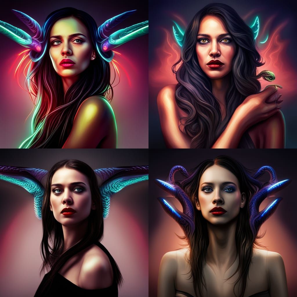 Neon Horned Women with Snakes