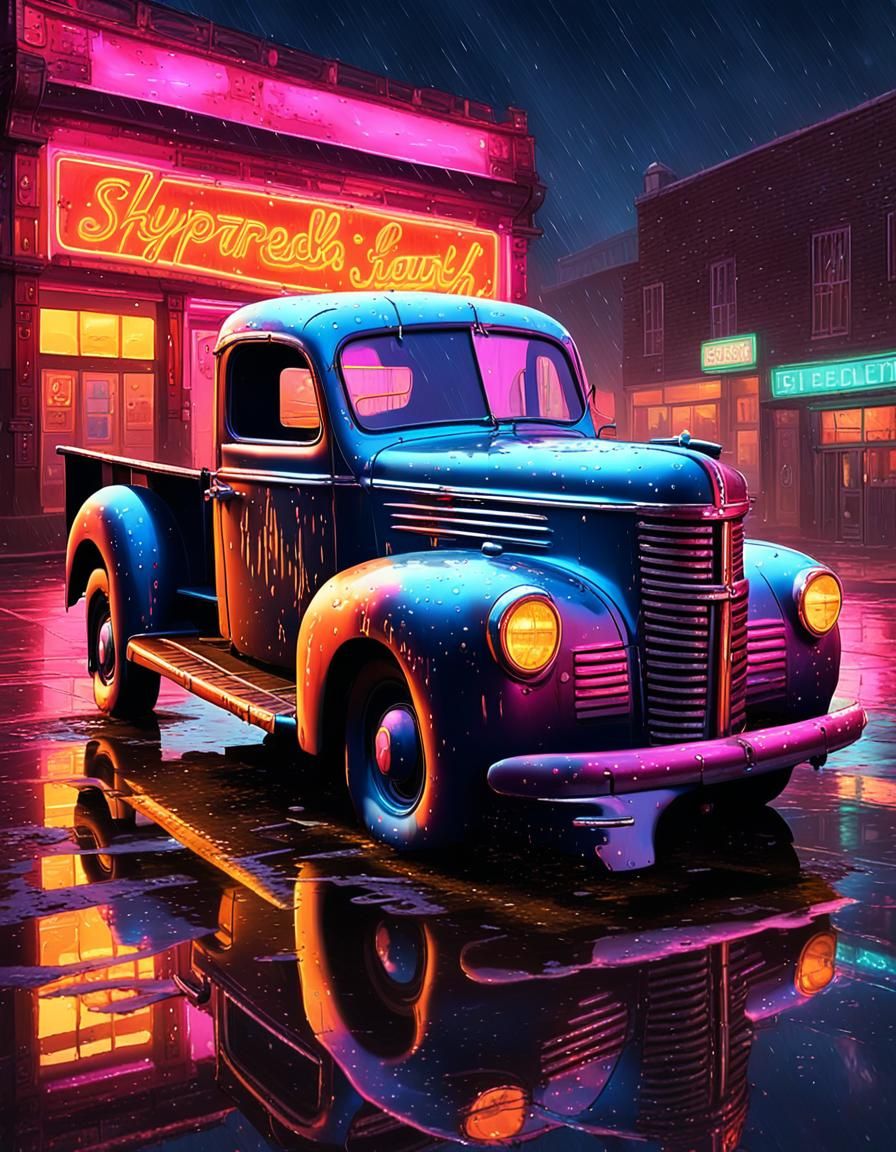 Rain-Soaked Neon Reflections on Derelict Pickup Truck
