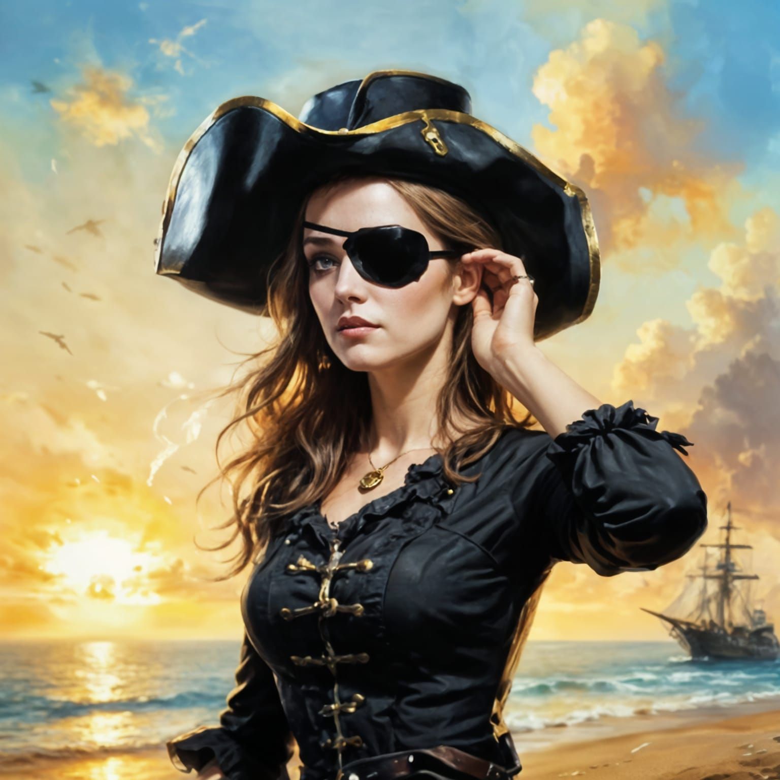 Pirate Woman Portrait on Sunset Beach, Oil Painting