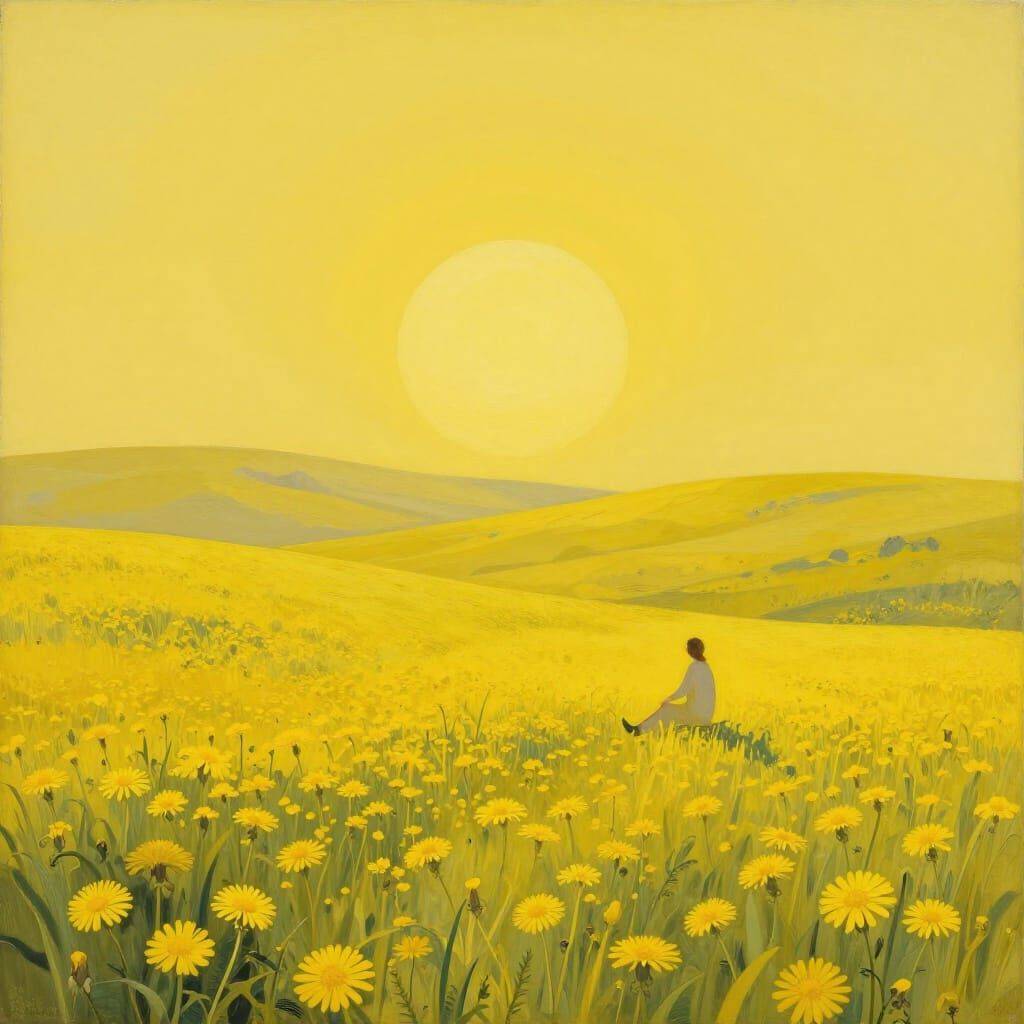Serene Yellow Meadow Landscape with Rolling Figure