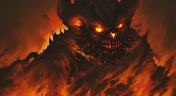 Fiery Demon in Ruined Landscape: Dark Fantasy Art