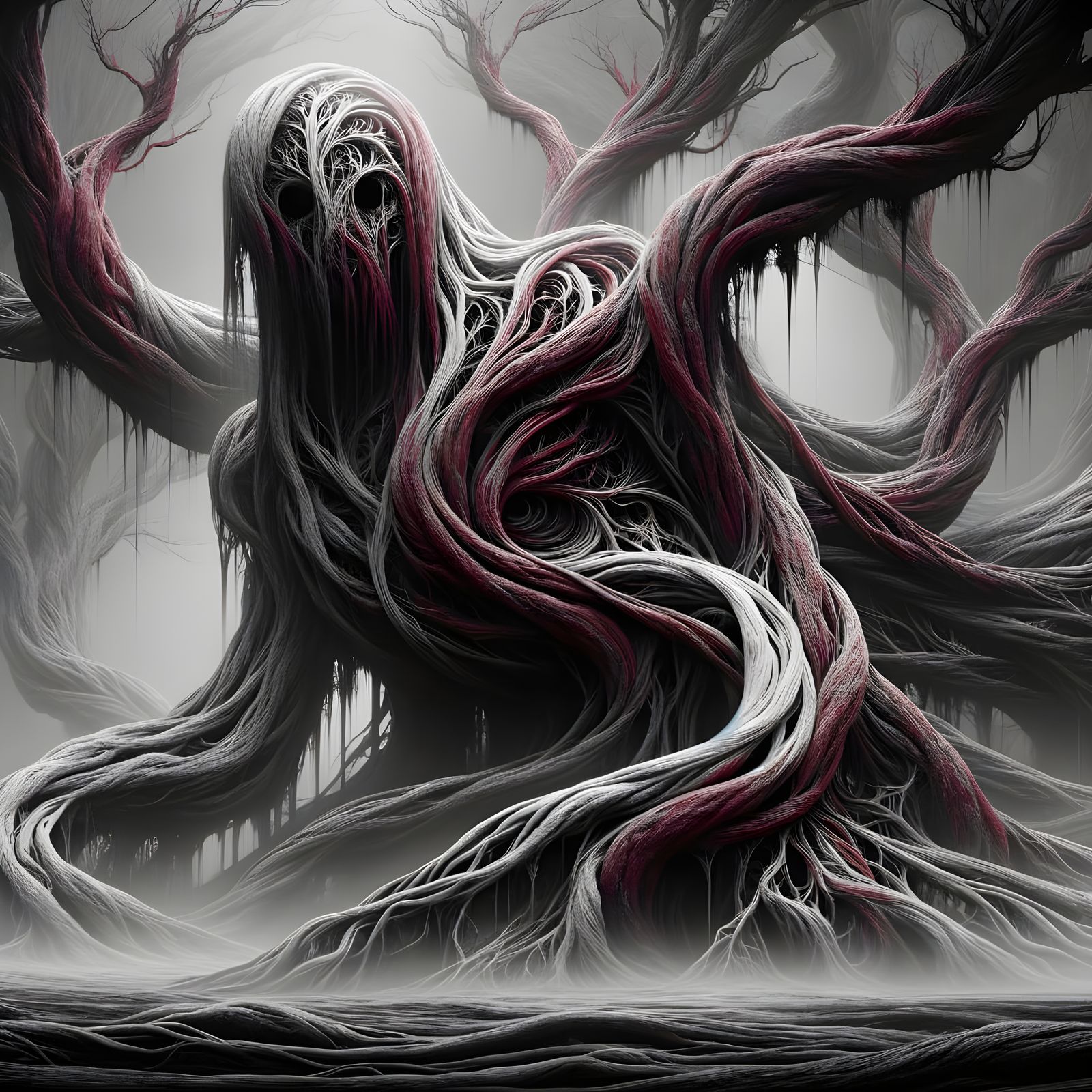 Eerie Vine Entity in Black and White Horror Scene