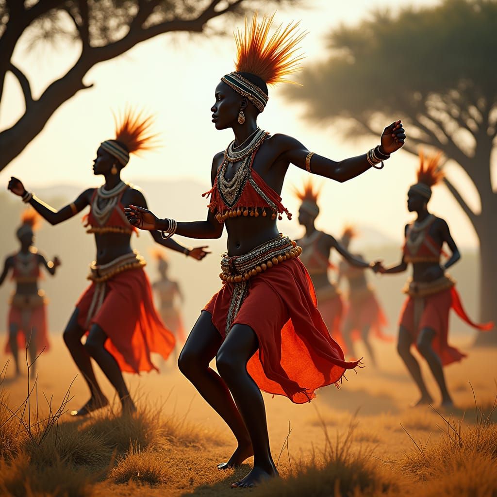 South Sudanese Dancers in Traditional Attire on the Savannah