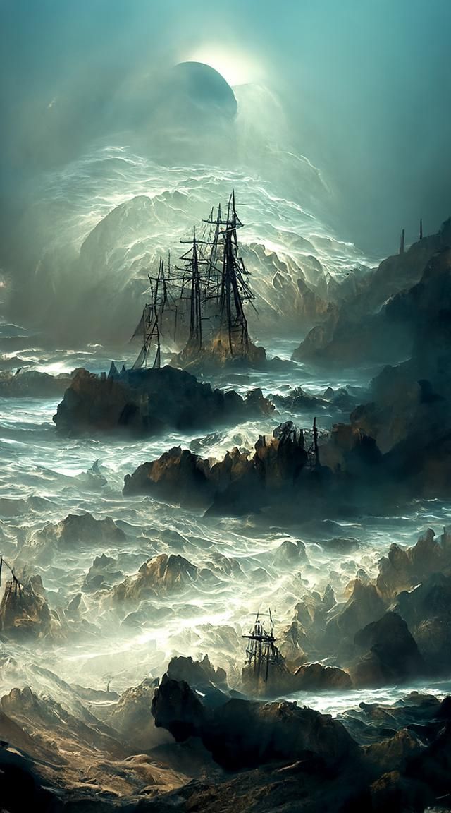 Ghost Ship Sailing Through Luminous Clouds