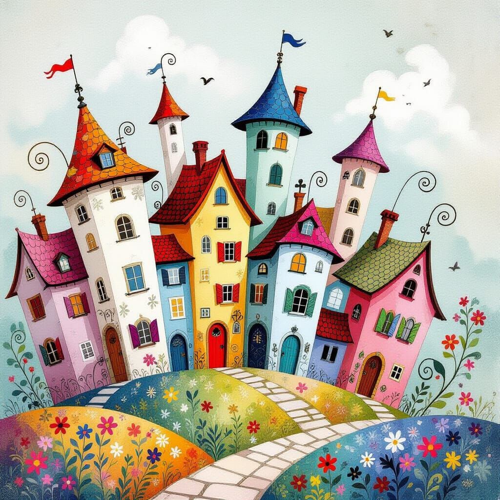 Whimsical Village Twirling in the Breeze: Watercolour Art