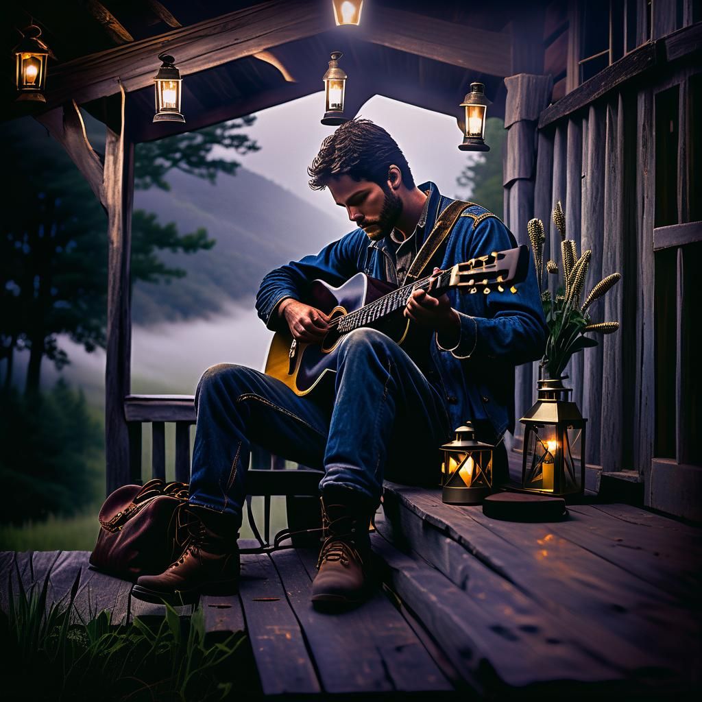 Appalachian Musician on Porch with Guitar
