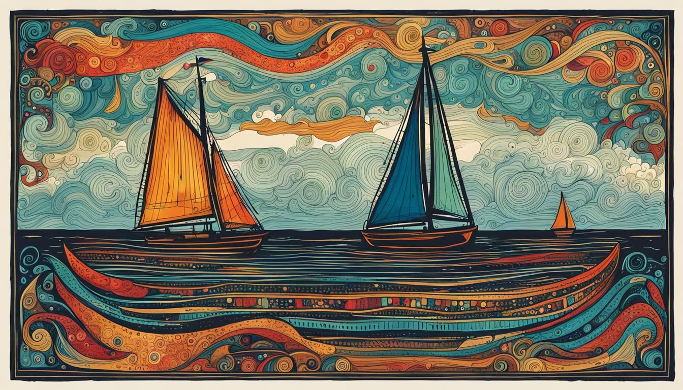 Whimsical Typographic Sailboat in Colored Ink