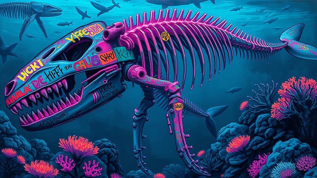 Neon Whale Skeleton Graffiti in Retro-Futuristic Style