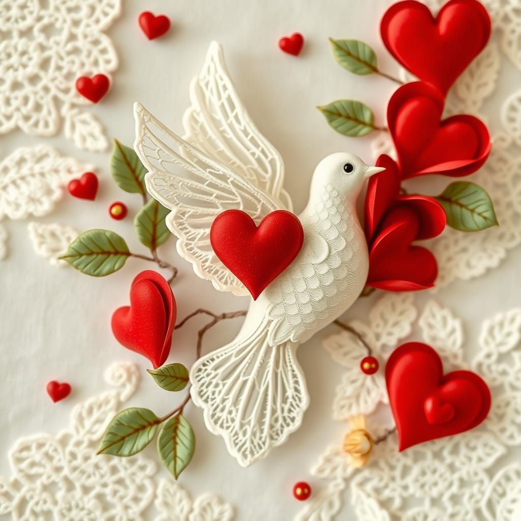 Surreal Valentine's Day Scene with Delicate Lace and Hearts