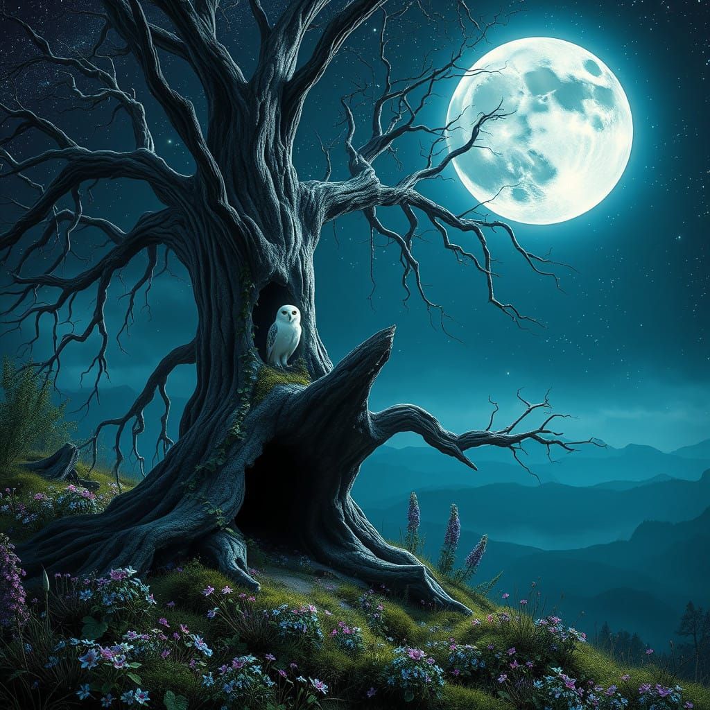Mystical Moonlit Hillside with Ancient Tree and Barn Owl