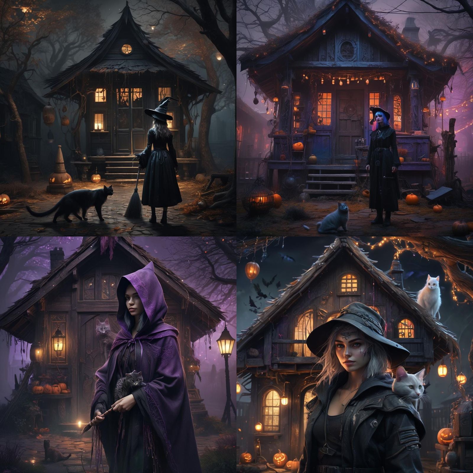 Cyberpunk Halloween Hut with Witch and Cat