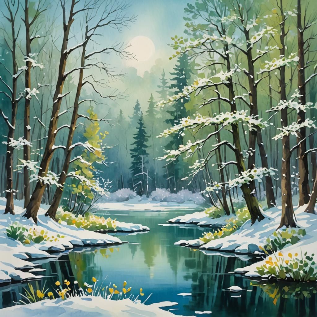 Winter Landscape with Blooming Flowers as Gouache Painting