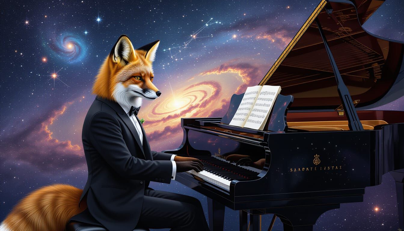 Fox Pianist in Cosmos: Classical Portraiture Style