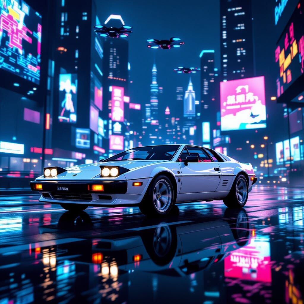 White Lotus Esprit Gliding Through Neon Cyberpunk City