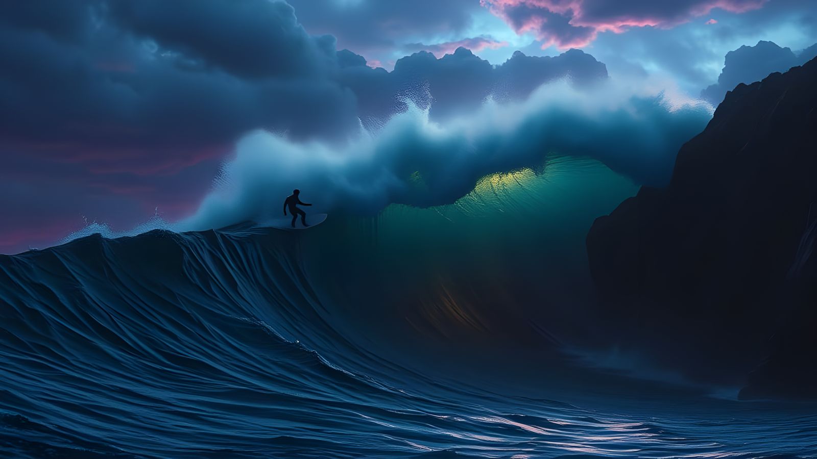 Lone Surfer Rides Colossal Wave Under Twilight Sky