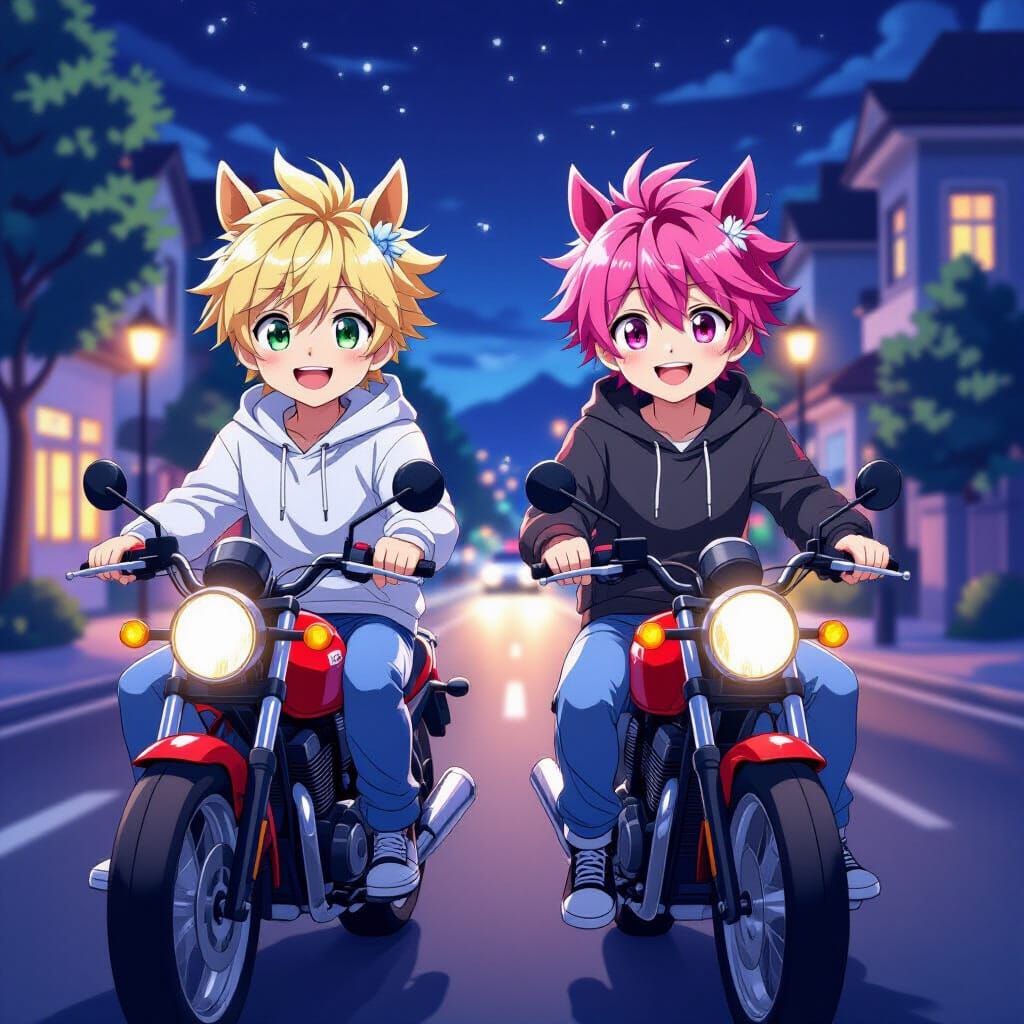 Anime Boys with Horse Ears Ride Motorcycles at Night