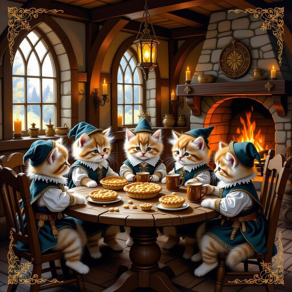 Kittens in Medieval Tavern, Painterly Style