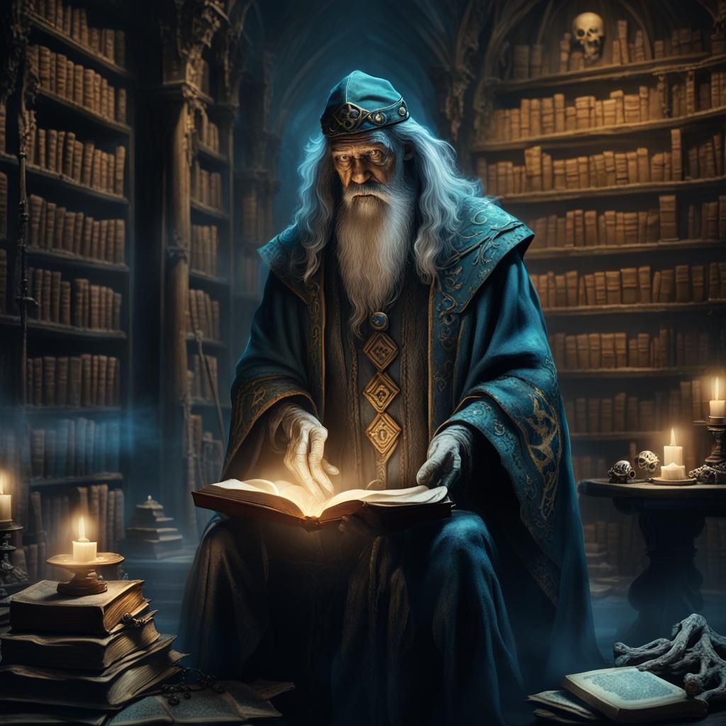 Wizard with Glowing Book in Gothic Library