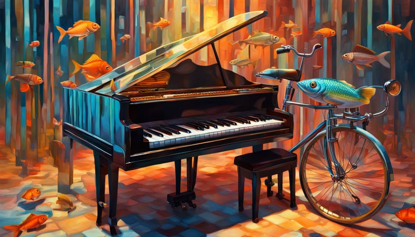 Fish Playing Piano in Surreal Oil Painting Style