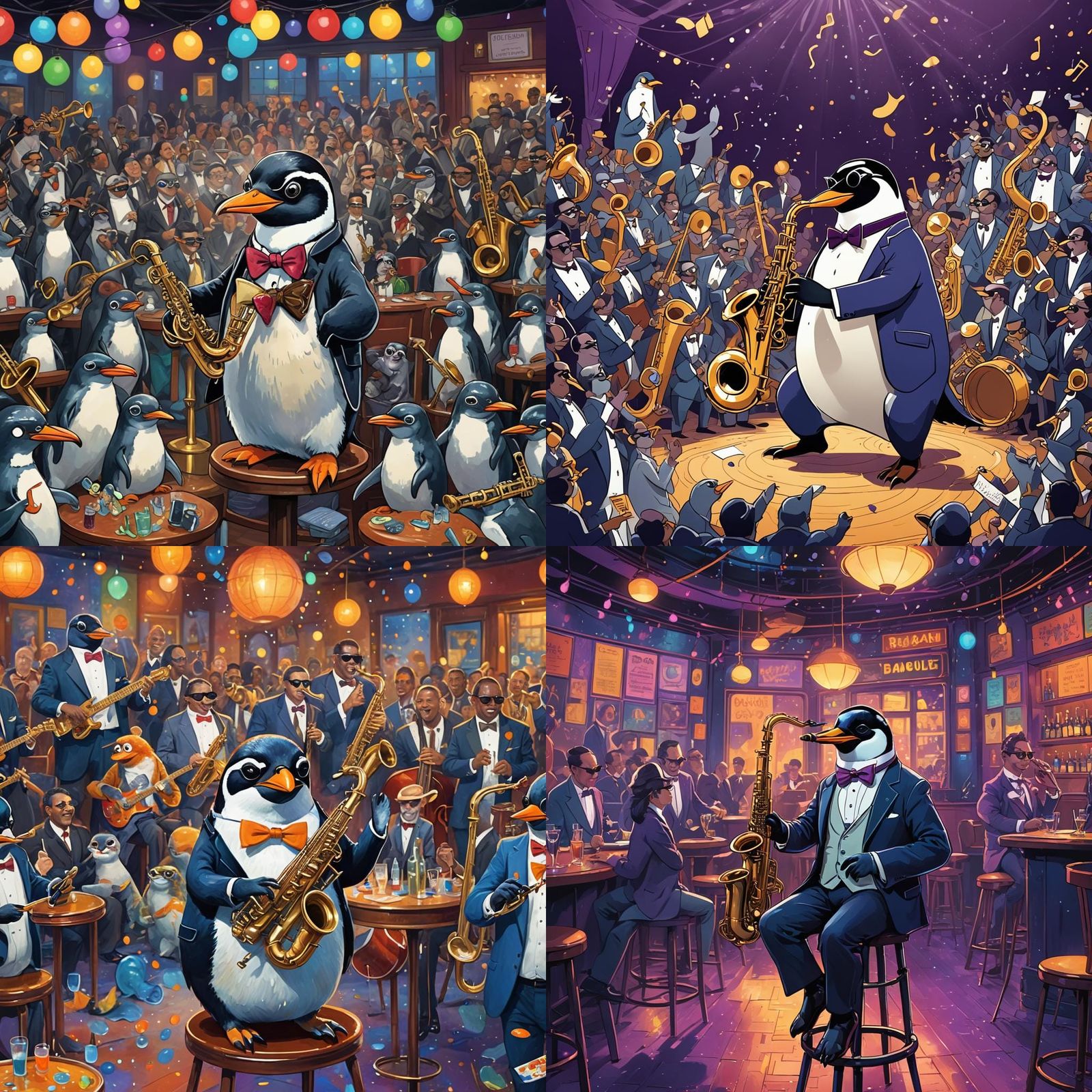 Penguin Saxophonist in Jazz Club, Digital Art