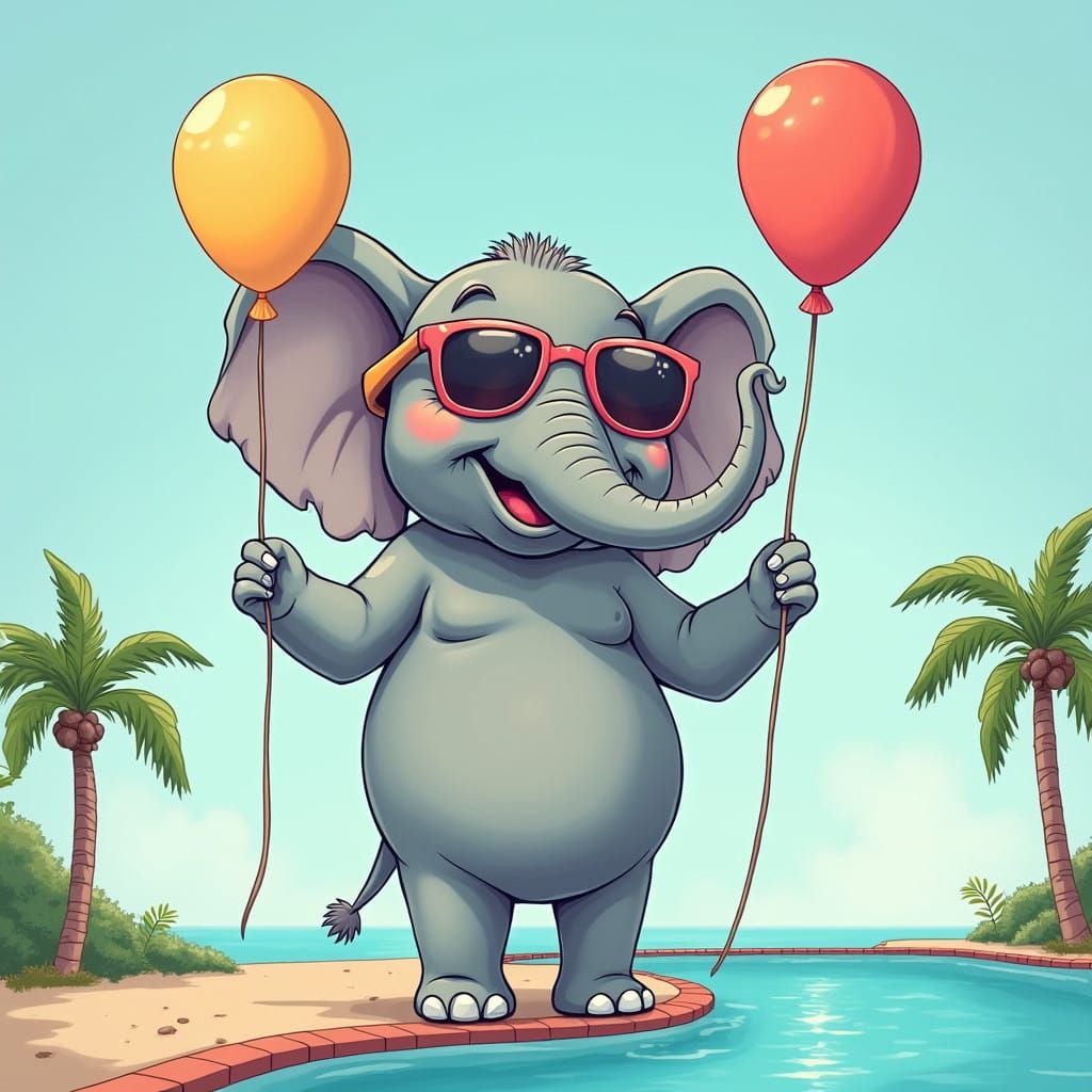 Uplifting Elephant in Sunglasses by a Sparkling Pool