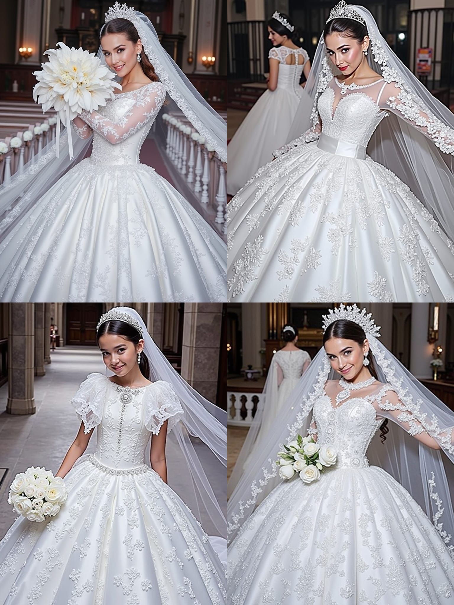 Bride in White Satin Wedding Dress in Church