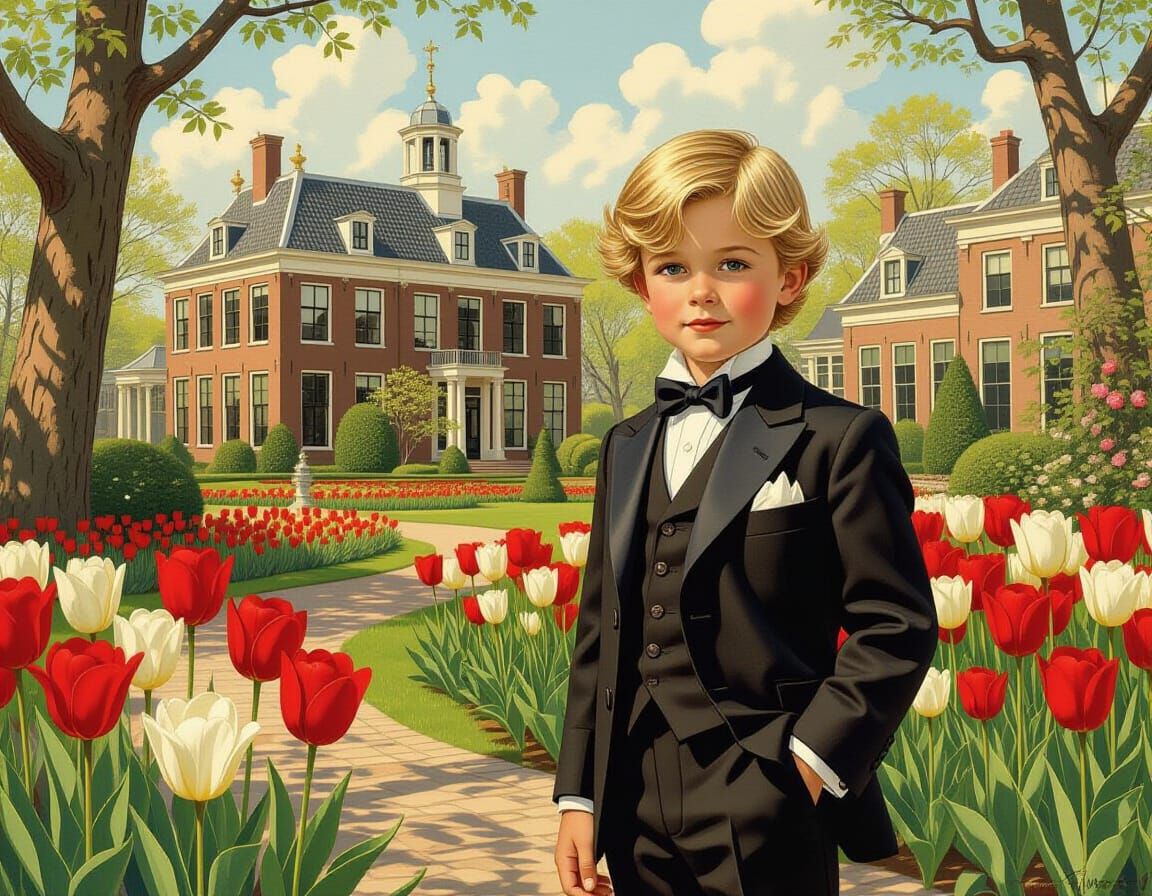 Boy in Dutch Garden, Classic Illustration Art