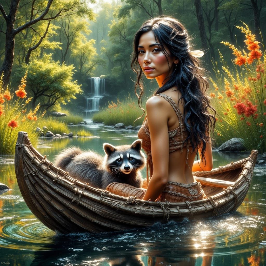Native American Woman in Wooden Canoe with Raccoon Companion