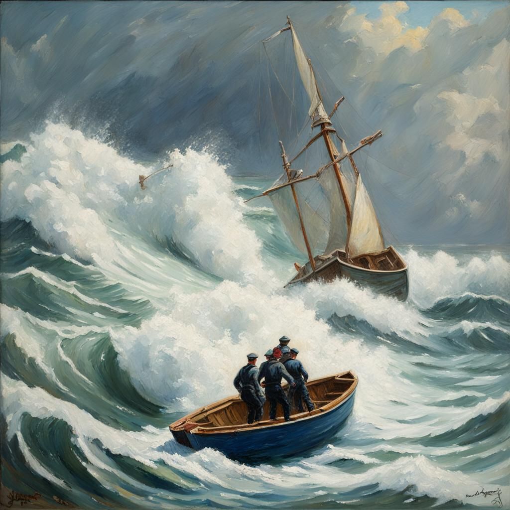 Rowboat Capsizing in Wild Waves: Oil Painting