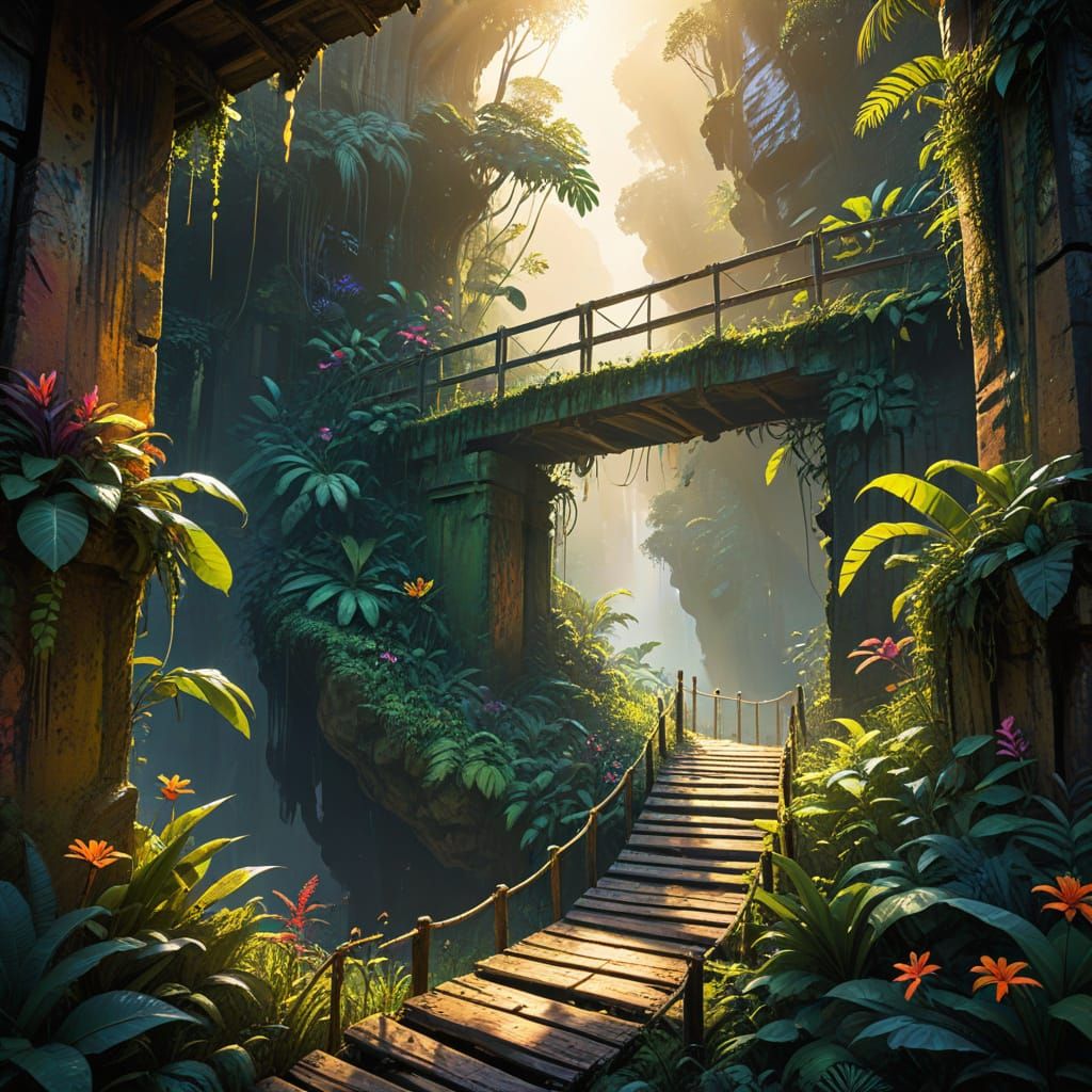 Vibrant Jungle Bridge Graffiti in Street Art Style