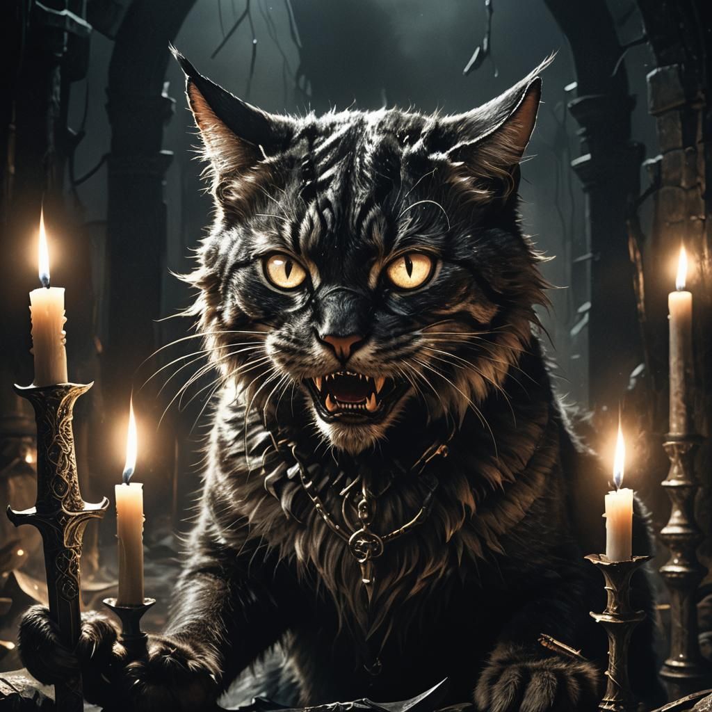 Demonic Cat Portrait in Dark Fantasy Horror Style