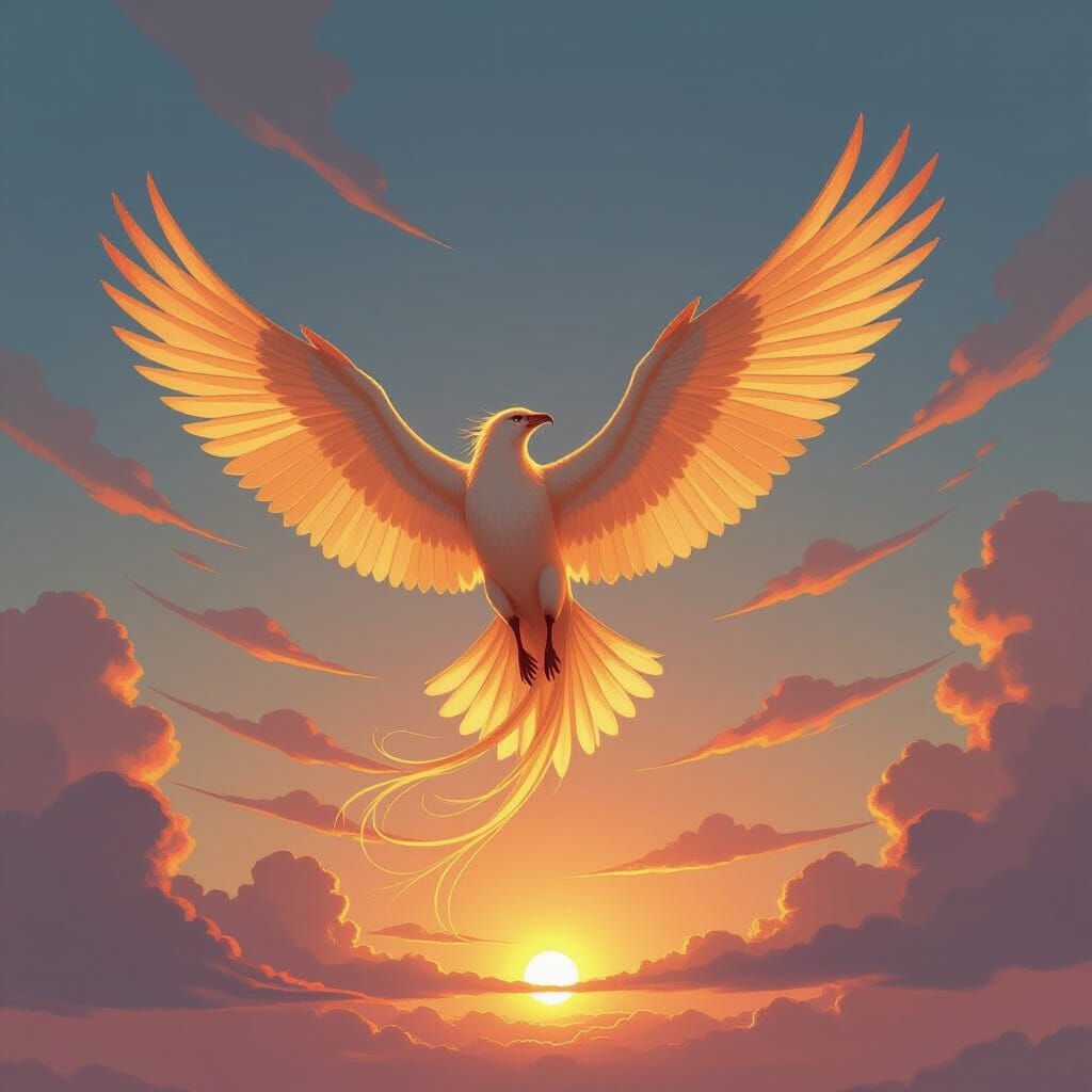 Golden Phoenix in Radiant Sky, Ethereal Art