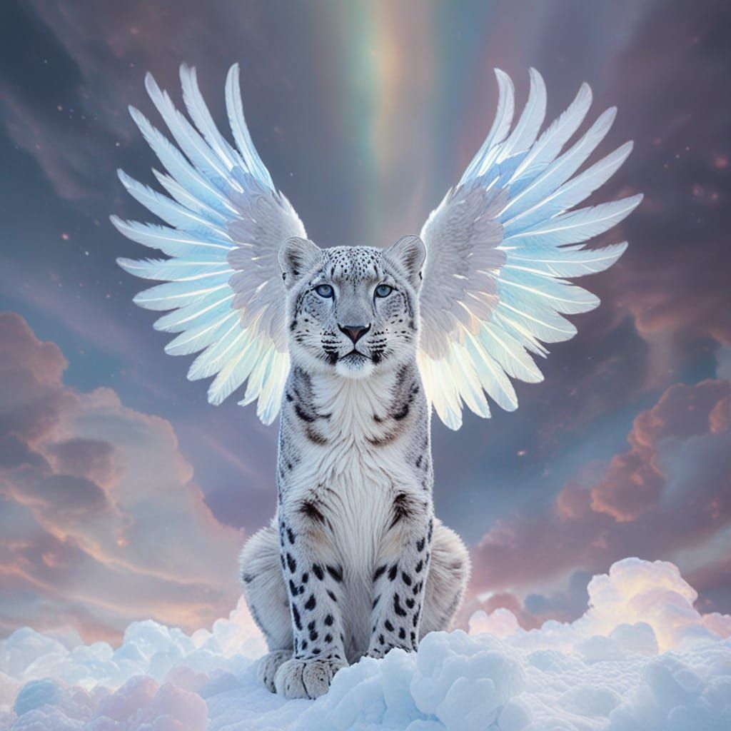 Ethereal Snow Leopard with Rainbow Wings in Celestial Fantas...